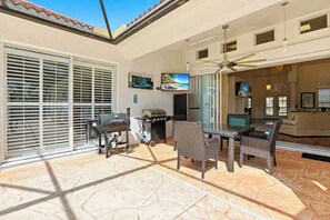 Outdoor dining - Waterfront home with private heated pool, dock, firepit, grill, bikes, fireplace (Bonita Springs)