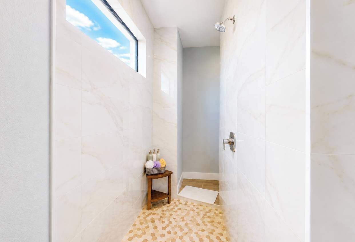 Ein schmales Badezimmer mit Dusche, einem kleinen Tisch mit Pflegeprodukten und Blick zum Himmel durch ein Fenster.