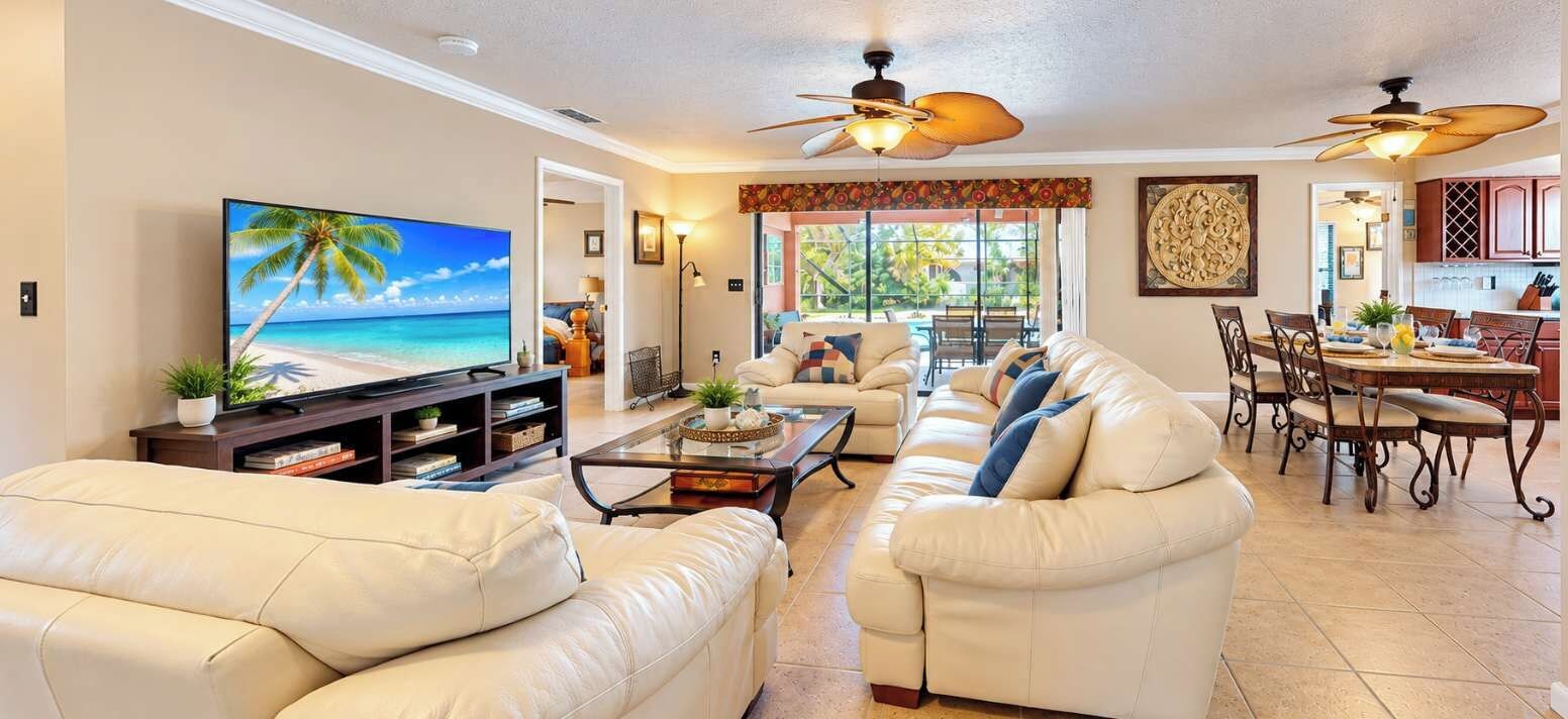Un salon comprenant un téléviseur, des canapés, une table basse et un coin repas avec des chaises et une table.