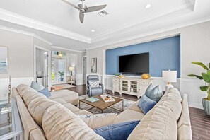 TV, fireplace, offices - Luxe, waterfront home with pool, spa, dock & gorgeous backyard (Bonita Springs)