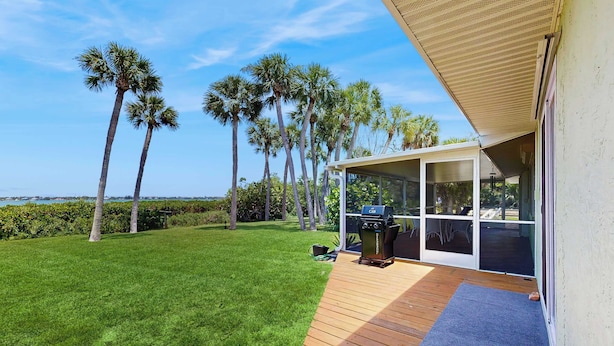 Un patio con barbecue, un molo in legno e vista su palme.