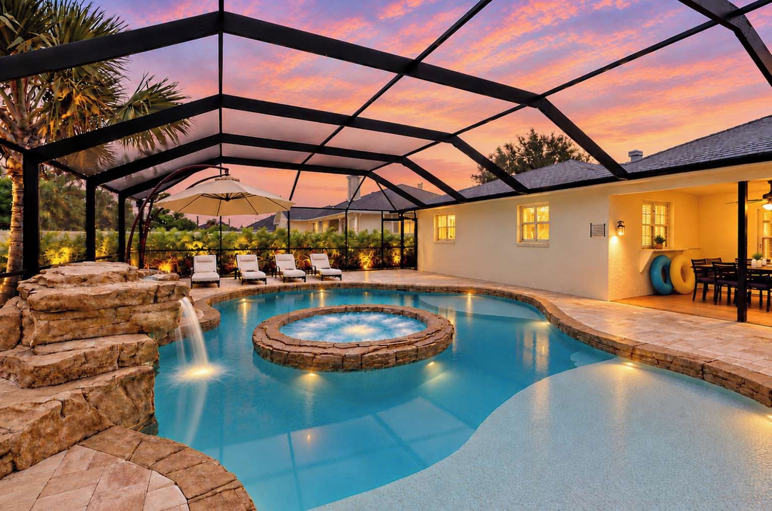 A swimming pool with a hot tub, surrounded by lounge chairs and a covered patio area.
