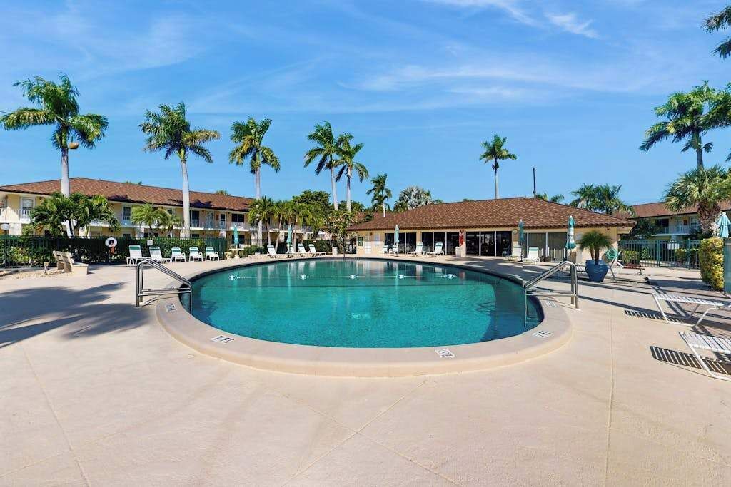 A swimming pool with lounge chairs and palm trees.