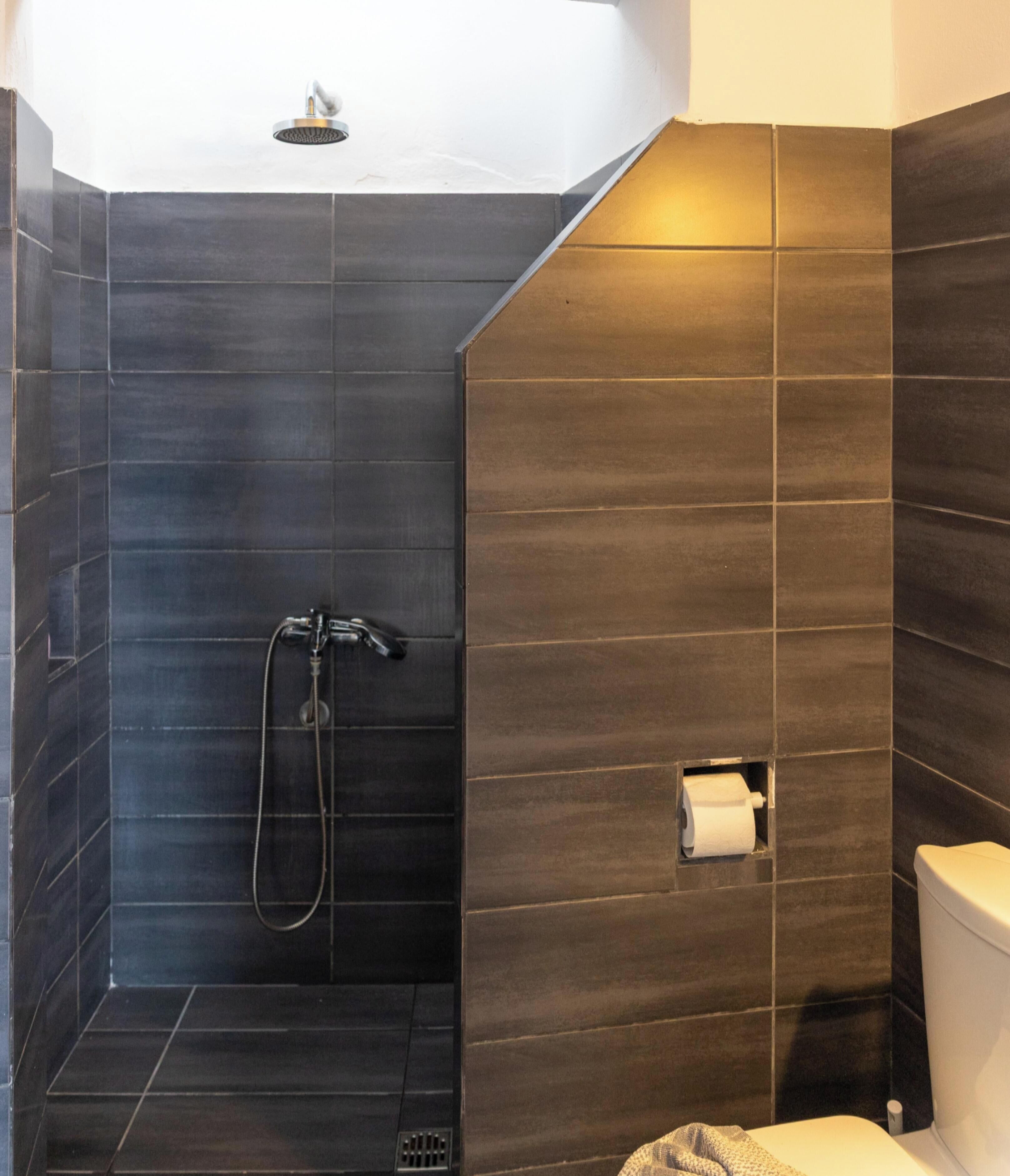 A shower with a handheld showerhead, a toilet, and a towel rack.