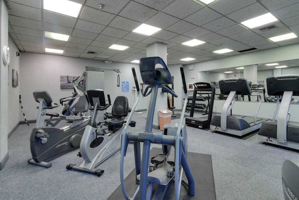 Une salle de sport équipée de machines de cardio, de machines de musculation et dotée d’un mur recouvert de miroirs.
