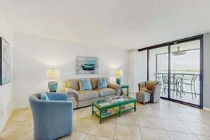 TV, offices - Oceanview Condo Comfort with Pool, Beach Access & Boat Dock (Marco Island)