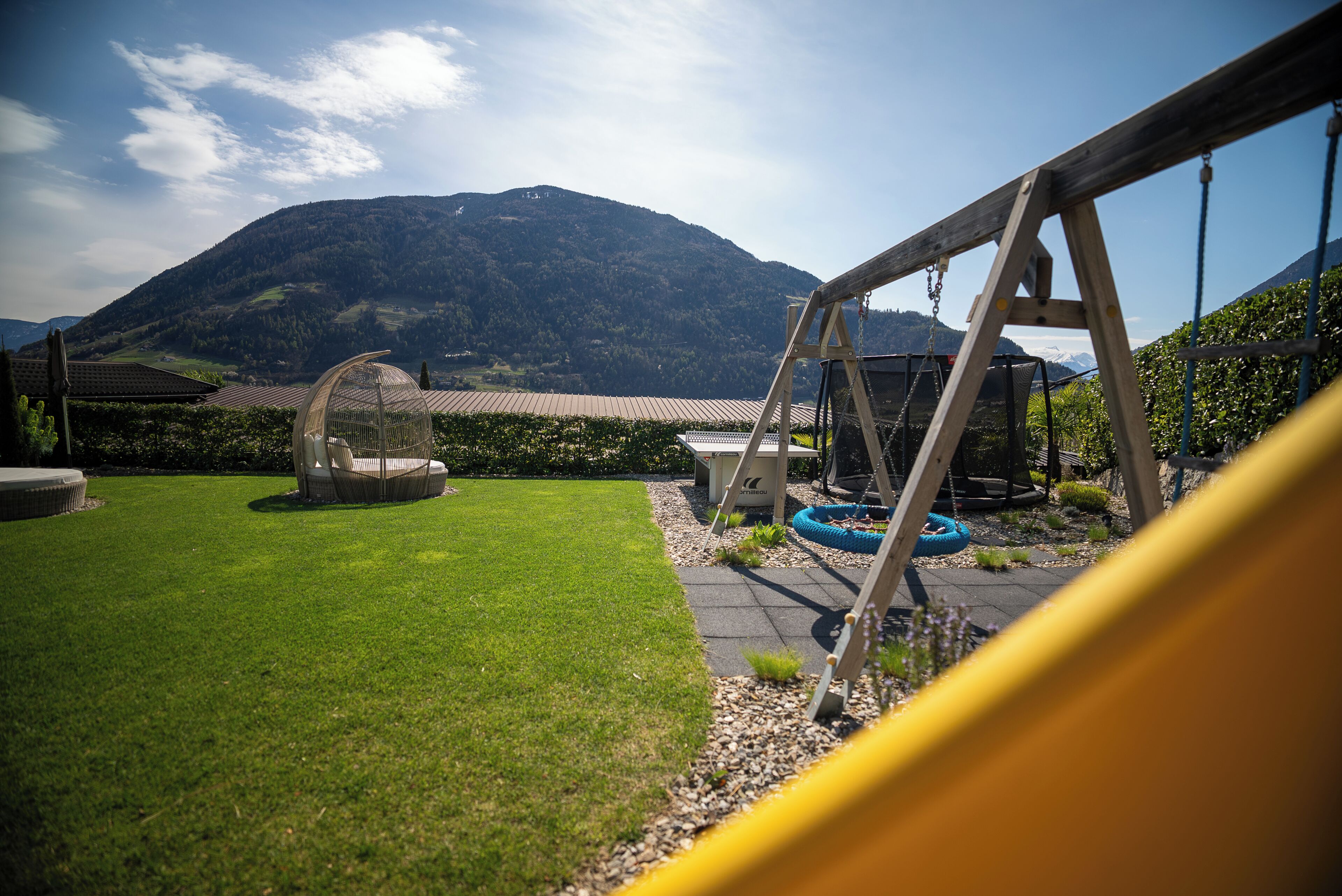 A backyard with a swing set, a bird feeder, and a view of a mountain.