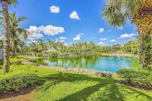 A serene outdoor setting with a pond, palm trees, and a clear blue sky. - Newly Remodeled Chic Condo on the GreenLinks golf course with lanai, pool. (Naples)
