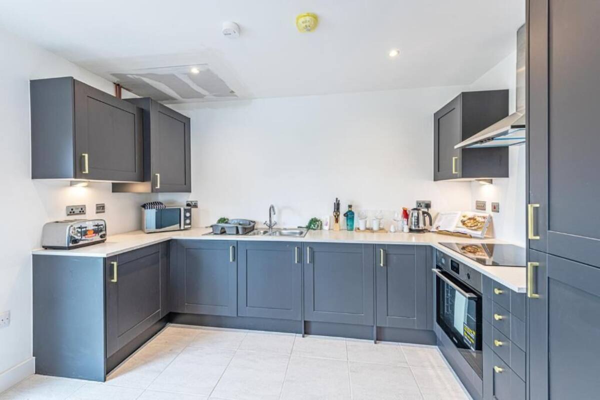 A modern kitchen with grey cabinets, a microwave, a toaster, and an oven.