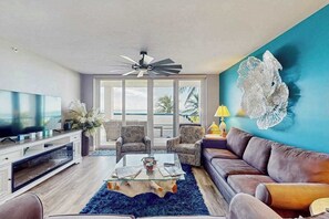 TV, fireplace, offices - Beachfront condo with huge lanai, sunset gulf views, pool, hot tub, tennis & gym (Marco Island)