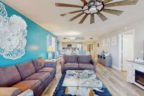 TV, fireplace, offices - Beachfront condo with huge lanai, sunset gulf views, pool, hot tub, tennis & gym (Marco Island)