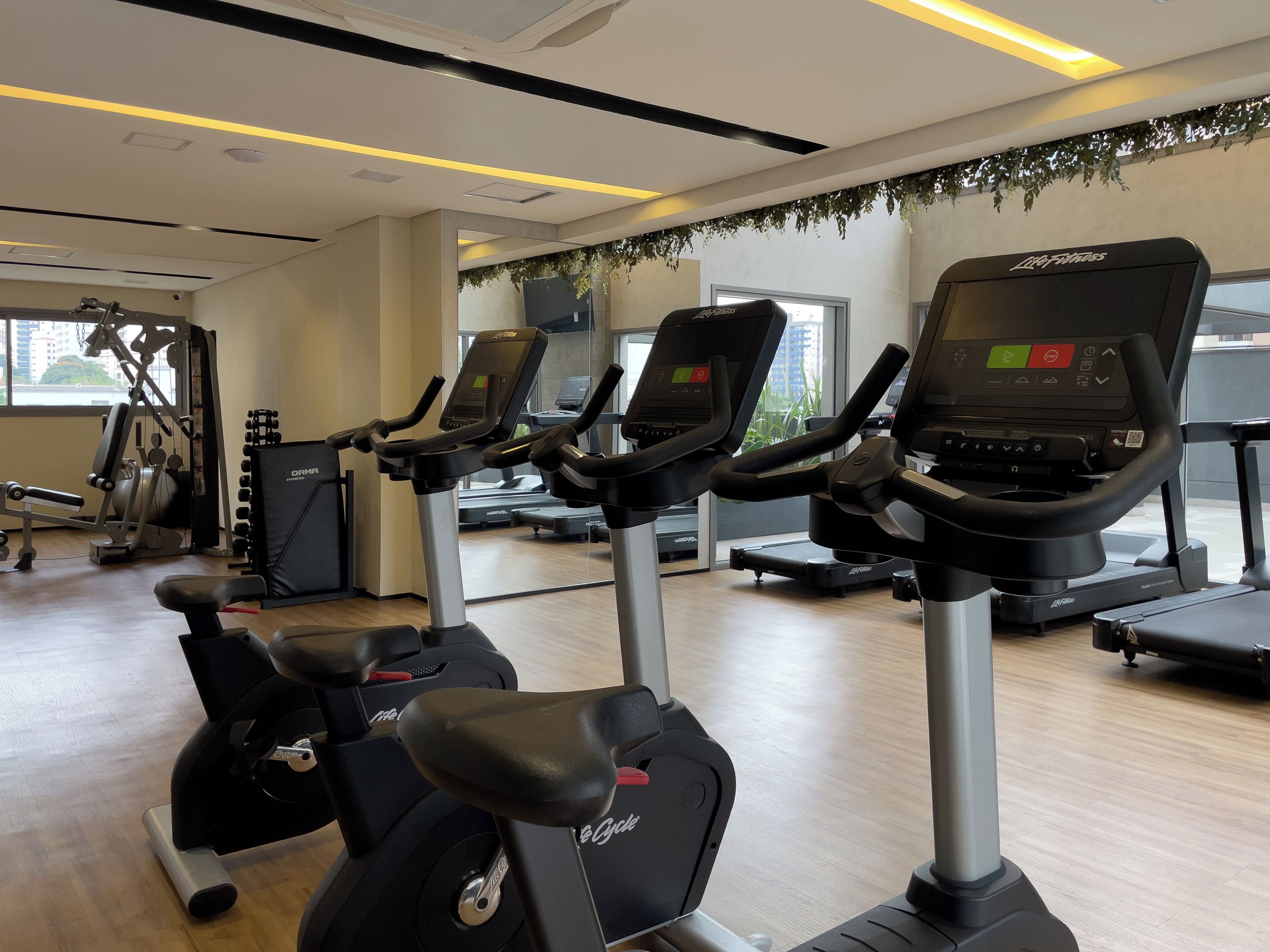 A gym with stationary bikes, a treadmill, and weight machines.
