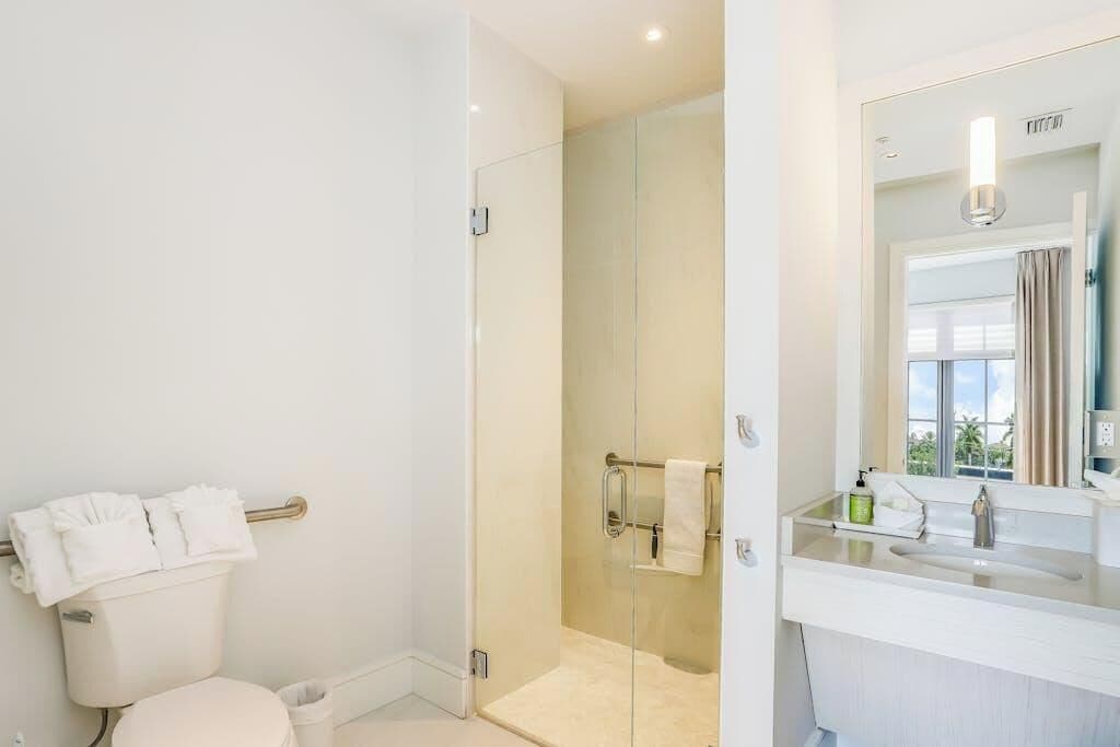 Shower, hair dryer, towels