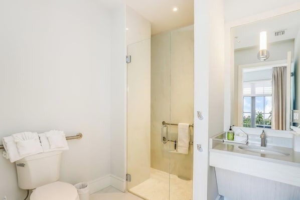Shower, hair dryer, towels - Contemporary dog-friendly studio with central AC and washer/dryer (Naples)