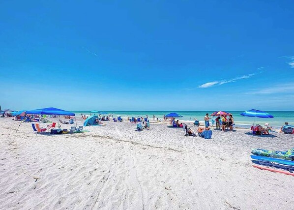Una playa con sombrillas y sillas de playa.