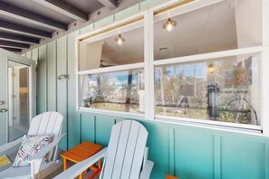 Terrace/patio - Tropical Palm Island home steps from the beach with grill, outdoor shower, dock (Placida)