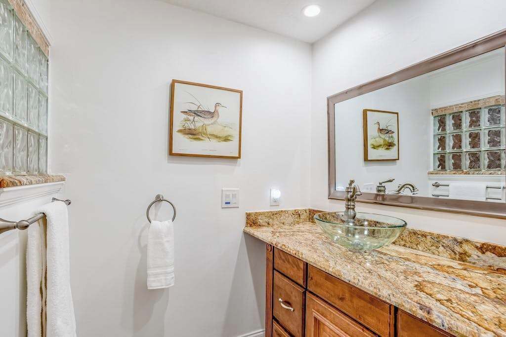 Une salle de bain avec un lavabo en forme de bol en verre, des meubles en bois, un grand miroir et des tableaux représentant des oiseaux, encadrés et accrochés au mur.