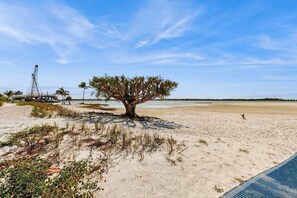 Une plage avec un arbre, une grue et une piscine.