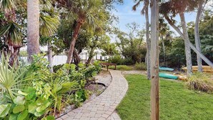Ein gepflasterter Weg in einem Garten mit Palmen und verschiedenen Pflanzen.