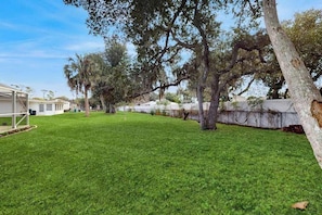 A grassy backyard with trees and a white fence.