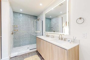 Shower, hair dryer, towels - Custom-built home with private patio, central AC, & W/D - dog-friendly (Port Charlotte)