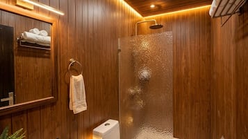 Shower, free toiletries, towels, soap