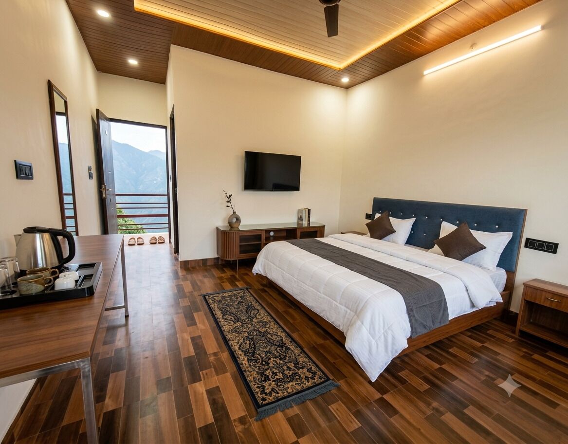 Ein modernes Schlafzimmer mit einem großen Bett, Holzboden, einem Flachbildfernseher und Blick auf Berge.