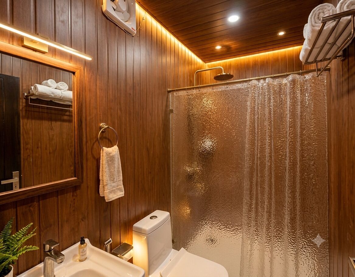 Ein Badezimmer mit Holzwandverkleidung, einer Glasdusche, einem Waschbecken und einem Handtuchhalter.