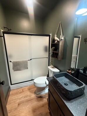Hair dryer, towels, soap, toilet paper