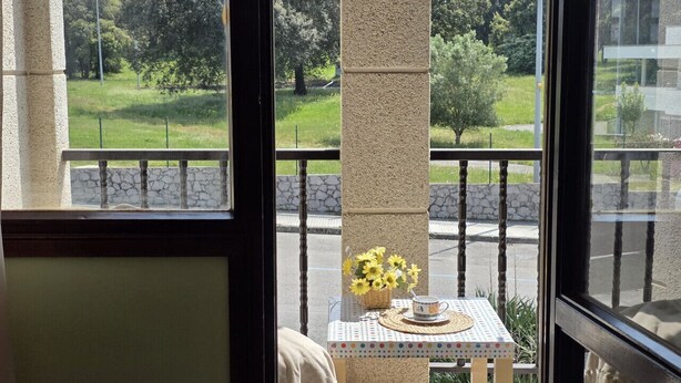 Un balcón con una mesa, un cesto de flores y vistas a un parque.