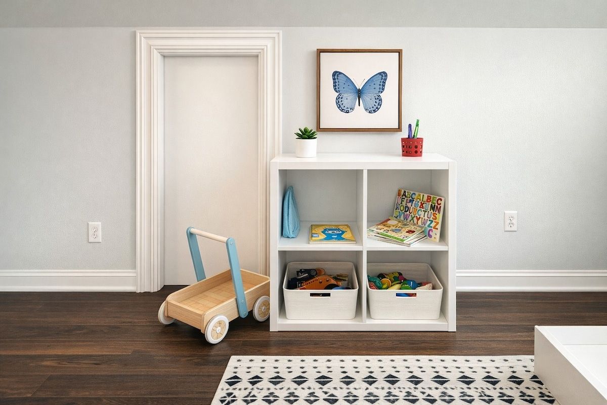 Una habitación con una estantería blanca, un carrito de juguete azul y un cuadro con una mariposa.