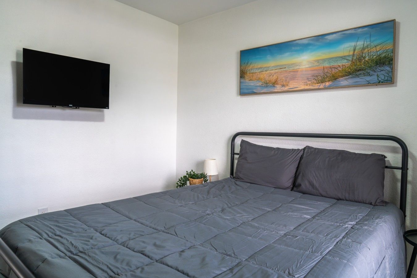 Bedroom with Smart TV: Catch up on your favorite movies or shows from the comfort of bed with a wall-mounted smart TV, stylish metal bed frame, plush queen mattress, and quiet ambient lighting.