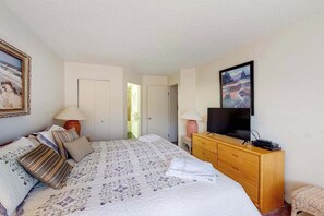 4 bedrooms, iron/ironing board, WiFi, bed sheets - Sunny upper-level beachfront condo with Lake Michigan views, fireplace, deck (Glen Arbor)