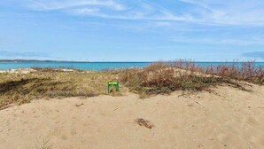 A beach with sand, sparse vegetation, and a clear sky. - Desirable beachfront condo in Glen Arbor with patio, fireplace, kitchenette & AC (Glen Arbor)