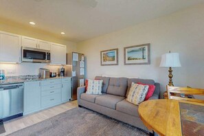 TV, fireplace - Desirable beachfront condo in Glen Arbor with patio, fireplace, kitchenette & AC (Glen Arbor)