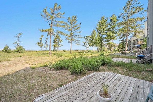 A wooden deck with a potted plant, surrounded by a grassy area with trees and a building in the background. - Lower-level beachfront condo with deck, lake views, washer/dryer, fireplace (Glen Arbor)