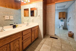 Shower, towels - Spacious vacation gem on Crystal Lake w/gas fireplace, WiFi, central AC, firepit (Frankfort)