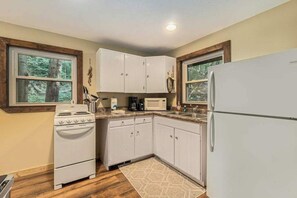 Fridge, microwave, oven, stovetop - Riverfront cabin on the Betsie with private dock, kayaks & bikes - 2 dogs OK (Frankfort)