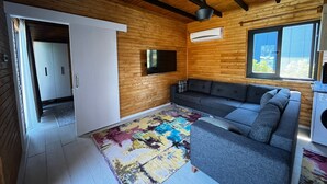 A modern log cabin interior with a sofa, TV, and a colorful rug.