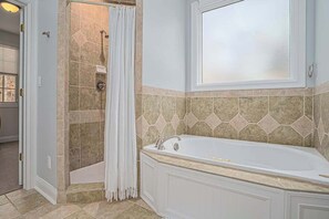 Shower, hair dryer, towels - Airy home with private pool, hot tub, big game room, & golf cart - walk to beach (New Buffalo)