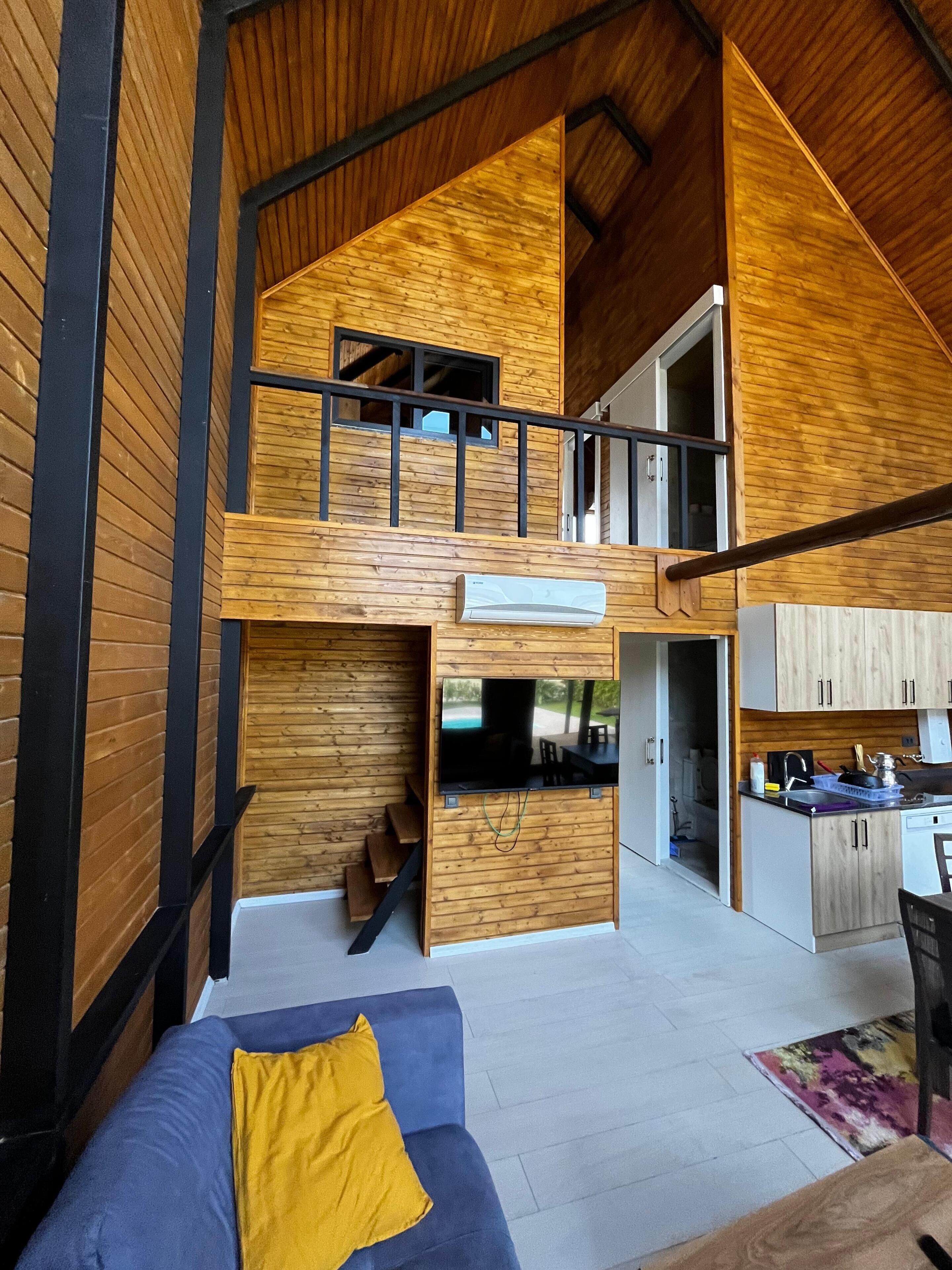 A loft-style interior with a mezzanine, open-plan living area, and kitchen.