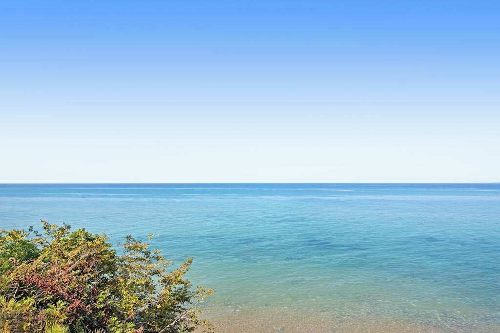 Ein klarer Blick auf ein ruhiges Meer mit weiter Ferne und etwas Vegetation im Vordergrund.