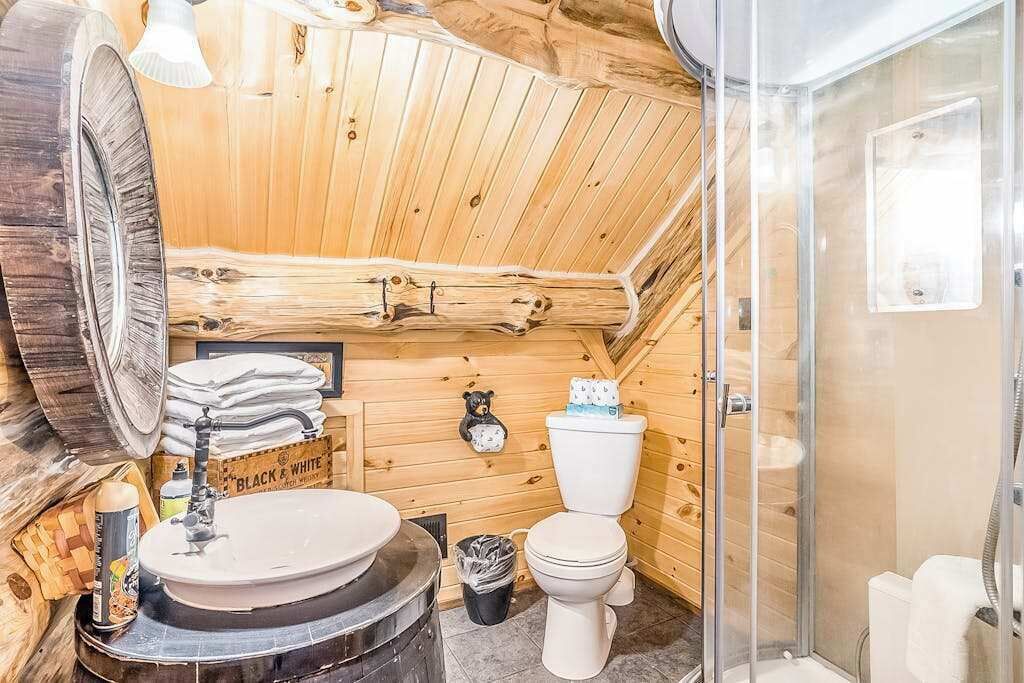 Un baño de cabaña de madera con lavamanos, inodoro y ducha.