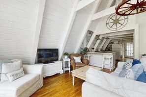 TV, offices - Dog-friendly A-frame home near beaches & downtown with firepit, deck, badminton (Charlevoix)