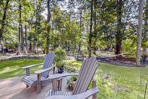 Terrace/patio - Dog-friendly A-frame home near beaches & downtown with firepit, deck, badminton (Charlevoix)