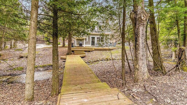 A wooden pathway leading to a cabin in a forest. - Secluded home w/ private grill, gas fireplace, full kitchen, and free WiFi (Arcadia)