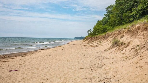 Une plage avec un rivage sablonneux, une falaise herbeuse et l’océan en arrière-plan.