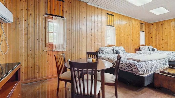 A wooden-paneled room with a bed, two chairs, a table, and a TV. - Peaceful wooded escape w/ kitchenette, gas grill, WIFI, lakes & trails nearby (Covert)