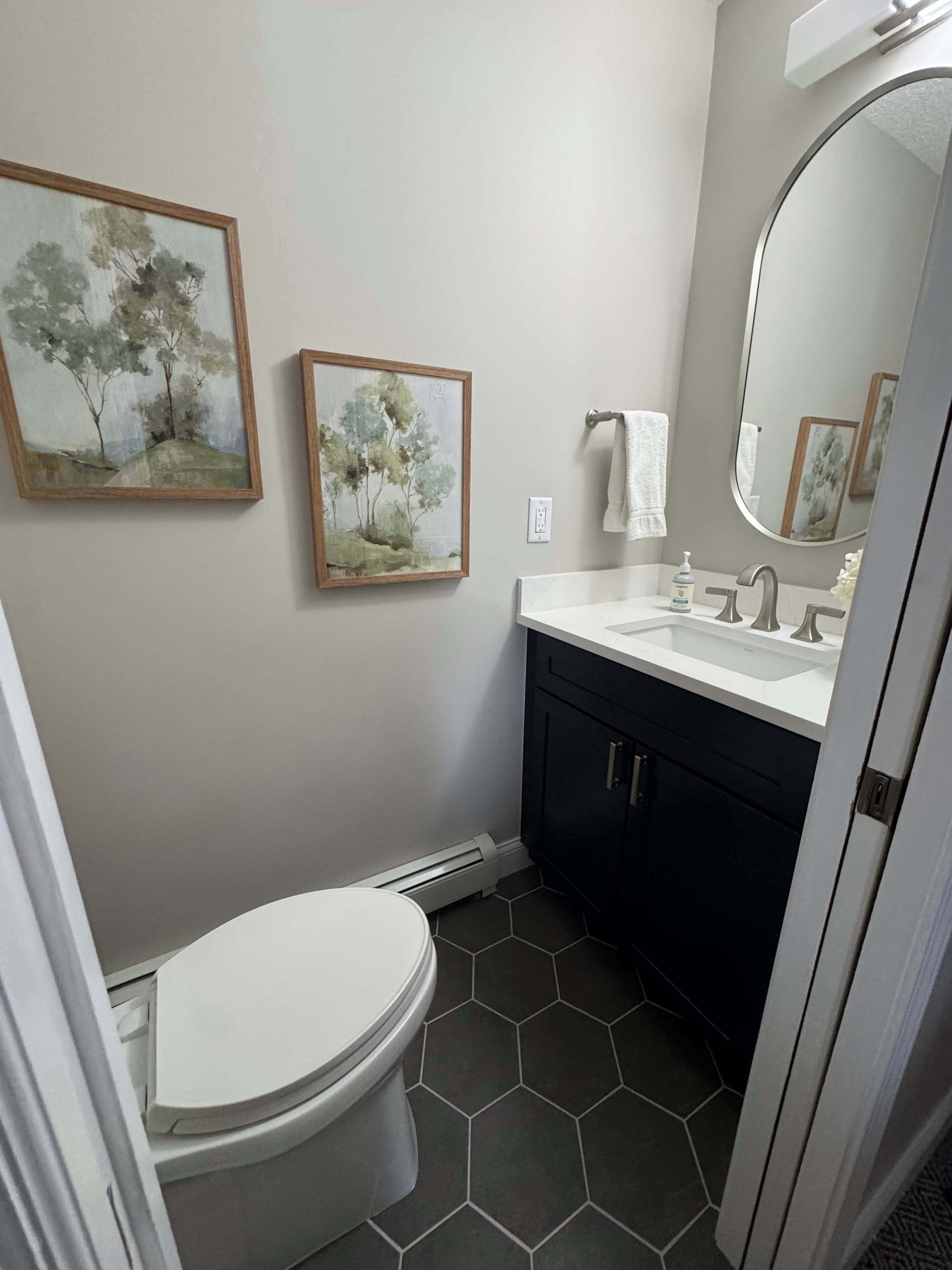 Une salle de bain avec des toilettes blanches, un lavabo avec un miroir et deux tableaux encadrés accrochés au mur.