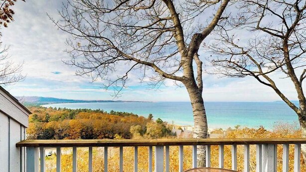Un balcone con vista sul mare, un albero e una sedia.